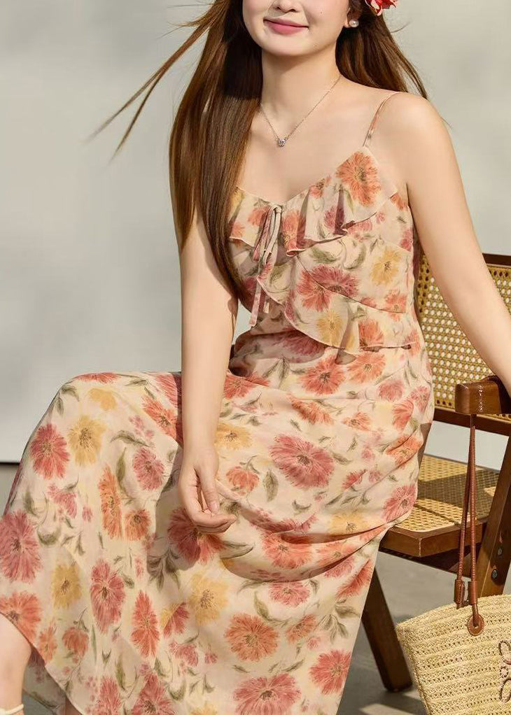 Floral Spaghetti Strap Ruffle A-Line Midi Summer Dress - View 3