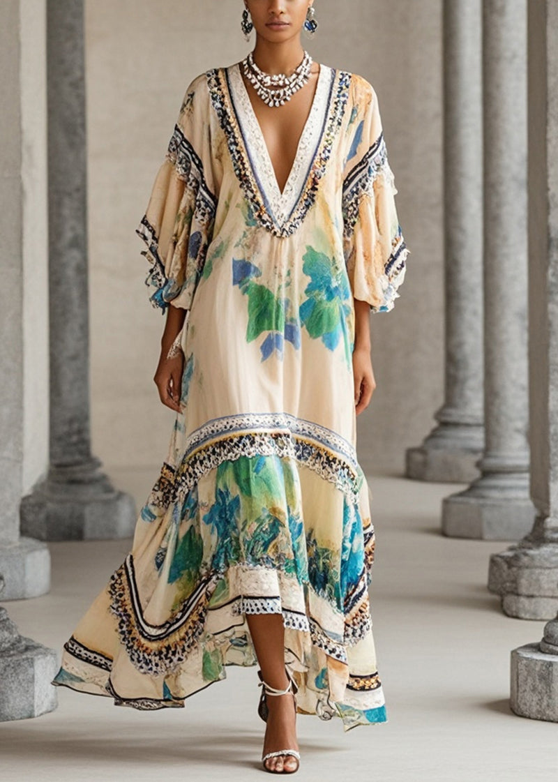 Deep V-Neck Batwing Sleeve Embroidered Trim Chiffon Kaftan Maxi Dress