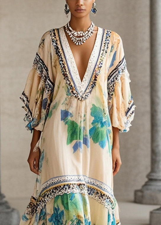 Deep V-Neck Batwing Sleeve Embroidered Trim Chiffon Kaftan Maxi Dress - View 2