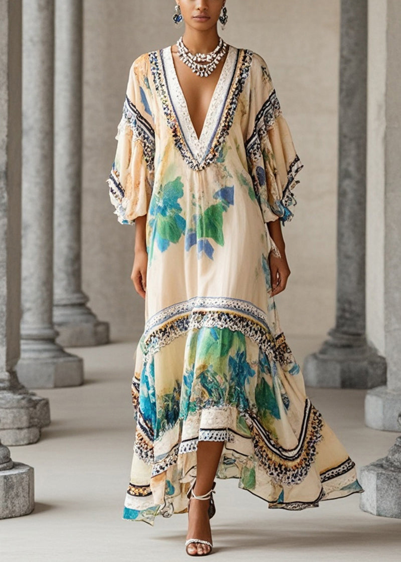 Deep V-Neck Batwing Sleeve Embroidered Trim Chiffon Kaftan Maxi Dress - View 3