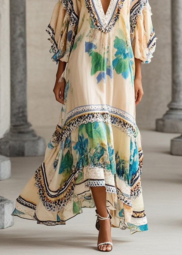 Deep V-Neck Batwing Sleeve Embroidered Trim Chiffon Kaftan Maxi Dress - View 4