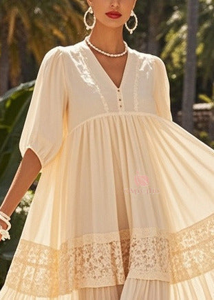 V-Neck Puff Sleeve Lace Trim Tiered Chiffon Maxi Dress - View 2