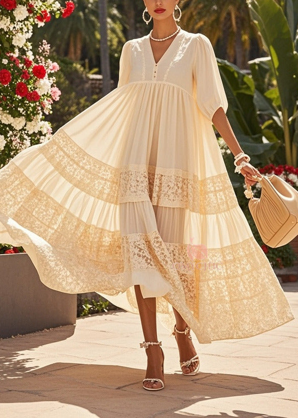 V-Neck Puff Sleeve Lace Trim Tiered Chiffon Maxi Dress - View 3