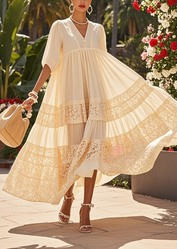 V-Neck Puff Sleeve Lace Trim Tiered Chiffon Maxi Dress - View 5
