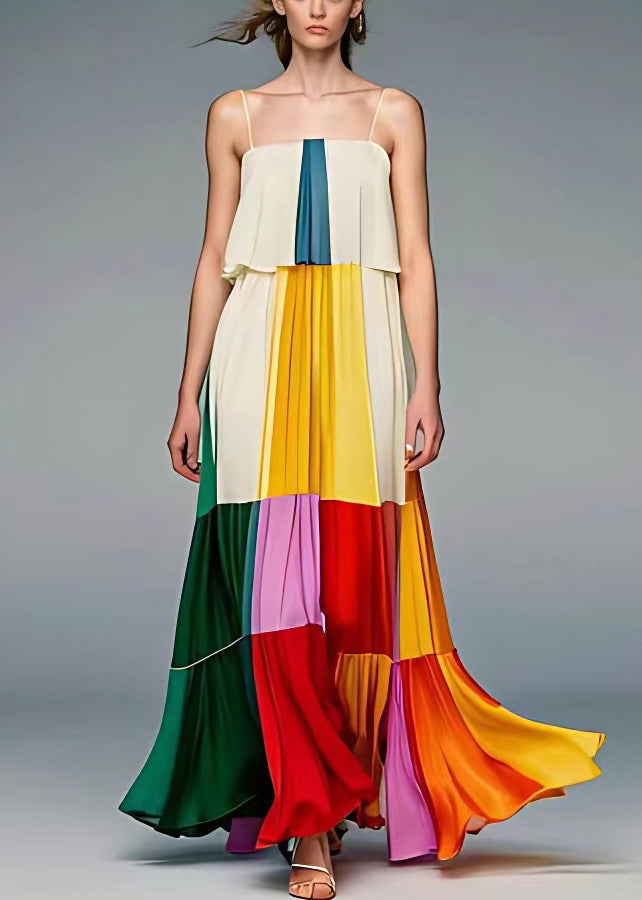Pleated Patchwork Panel Spaghetti Strap Square Neck Tiered Maxi Dress