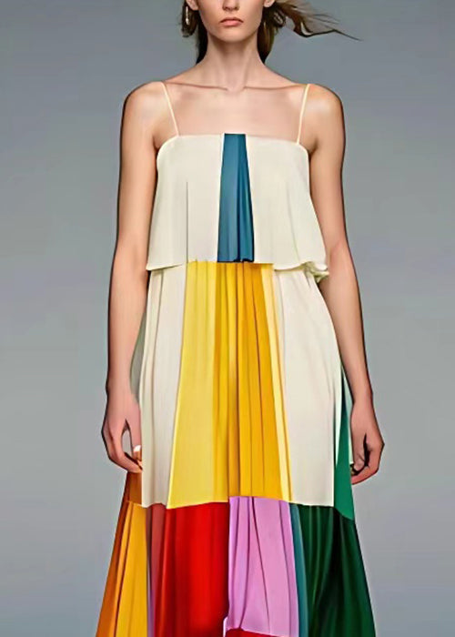 Pleated Patchwork Panel Spaghetti Strap Square Neck Tiered Maxi Dress - View 4