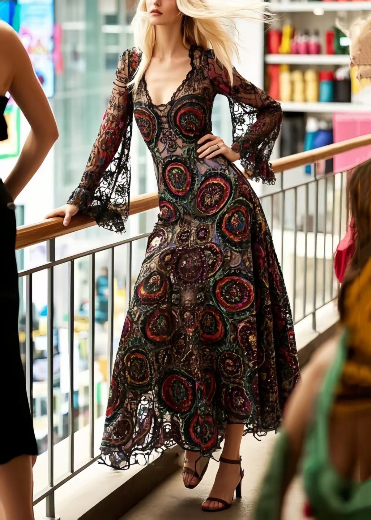 Lace Deep V-Neck Bell Sleeve Circular Print Fit and Flare Midi Dress - View 3