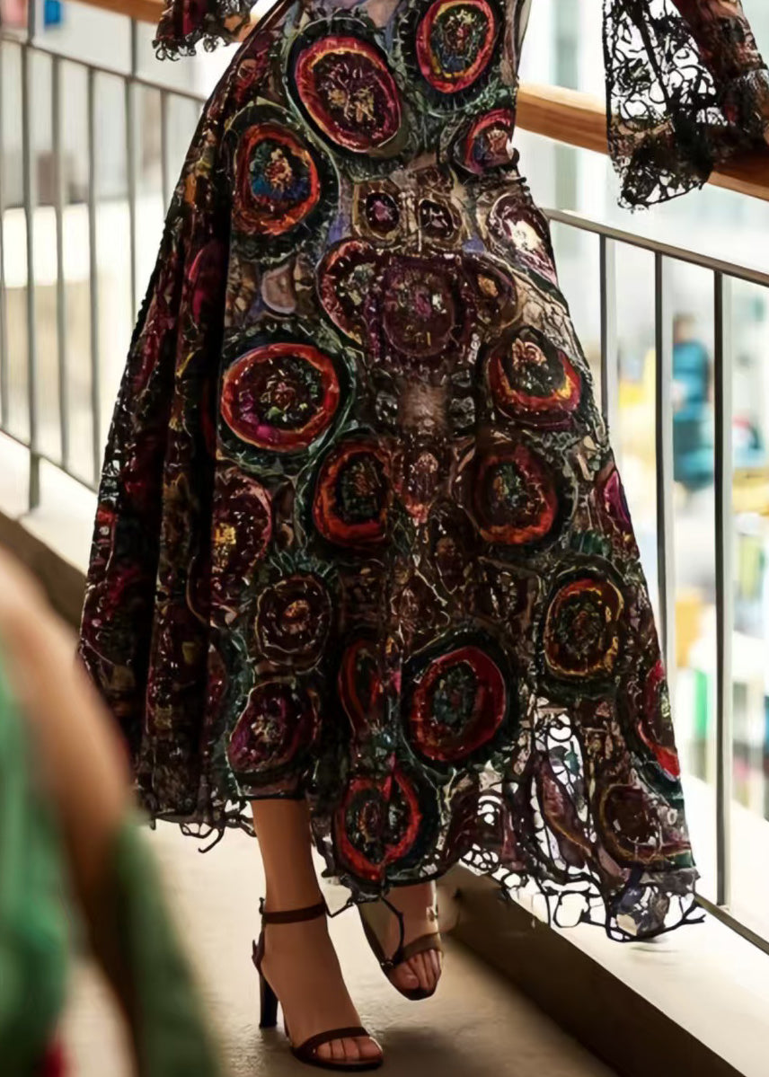 Lace Deep V-Neck Bell Sleeve Circular Print Fit and Flare Midi Dress - View 4