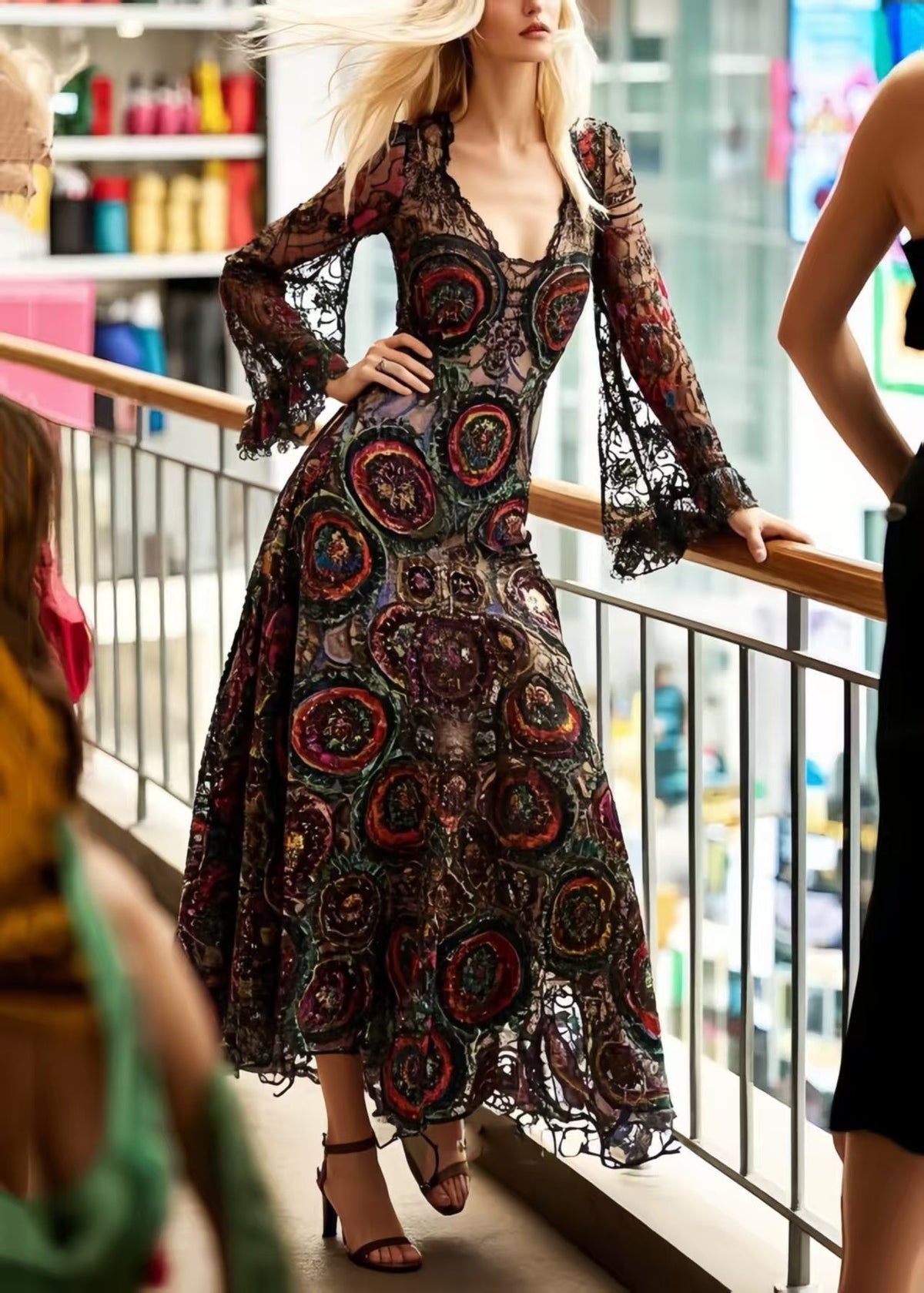 Lace Deep V-Neck Bell Sleeve Circular Print Fit and Flare Midi Dress - View 5
