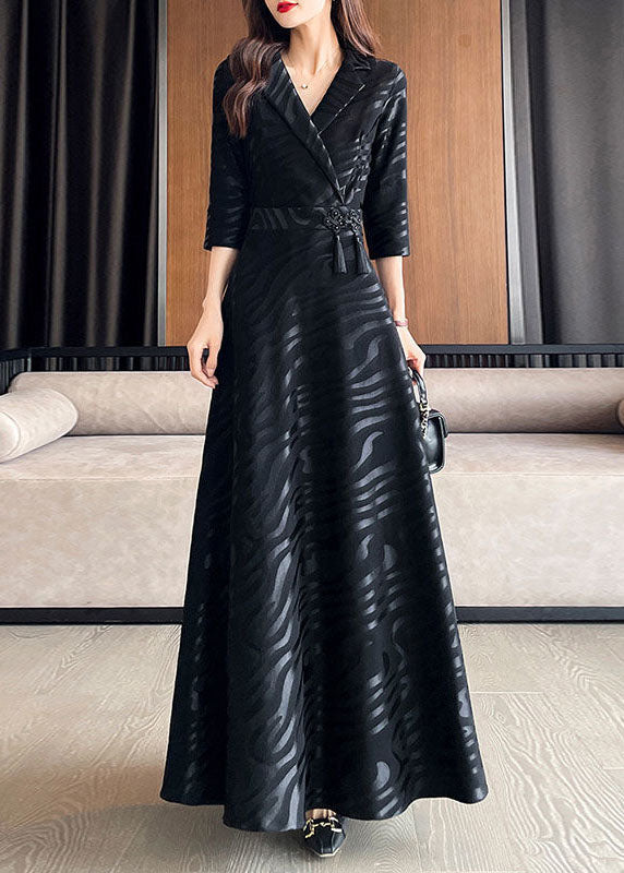 Textured Stripe Wrap Notched Lapel Three Quarter Maxi Dress