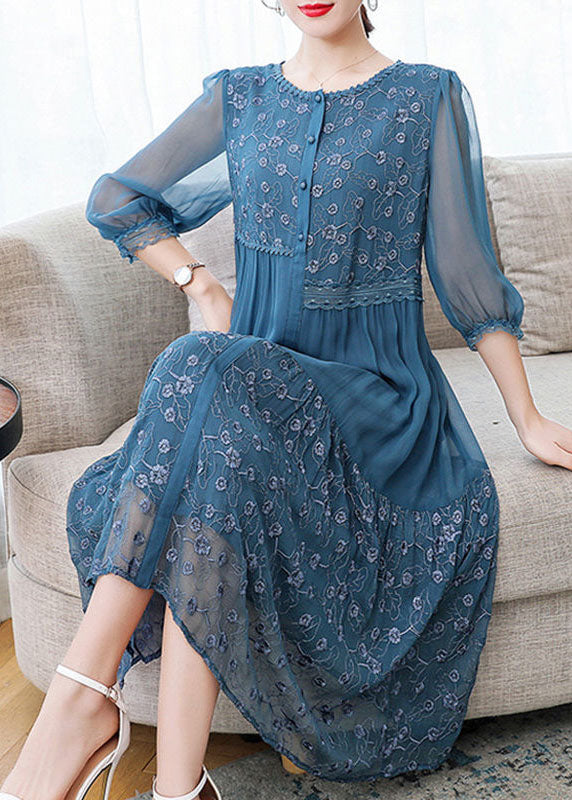 Floral Embroidery Lace Trim Button Front Round Neck Midi Dress - View 2