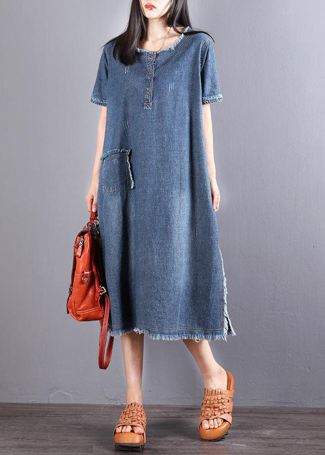 Denim Henley Button Short Sleeve Patch Pocket Frayed Edge Midi Dress