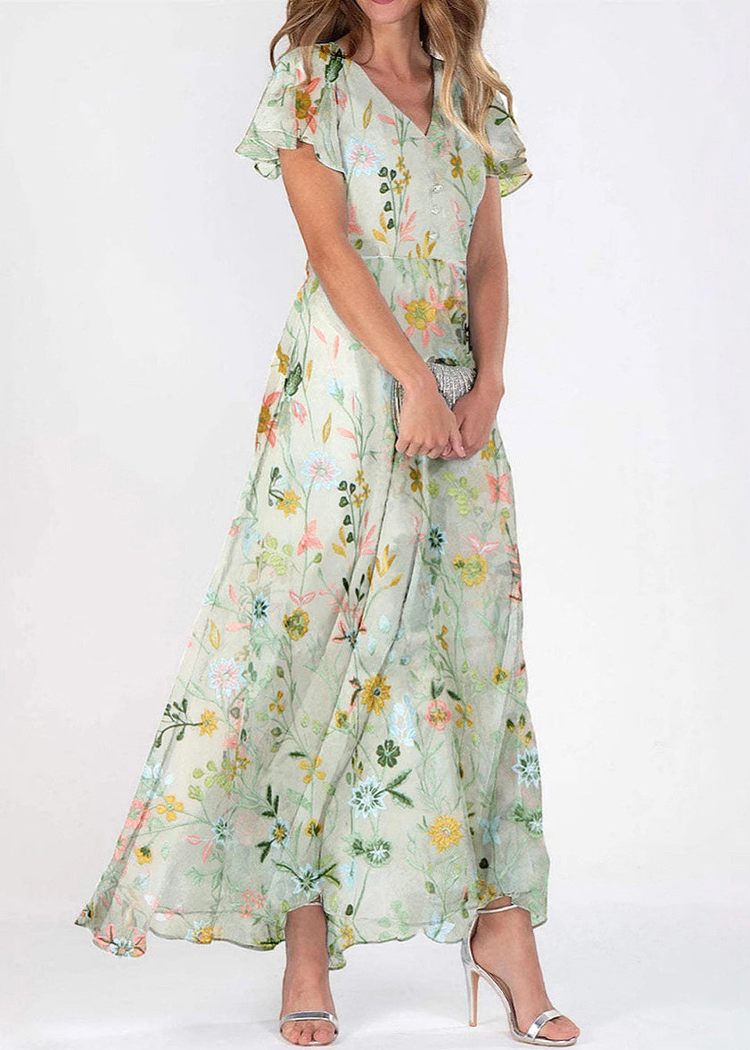 Floral Embroidered Mesh Overlay Flutter Sleeve Button Front Maxi Dress