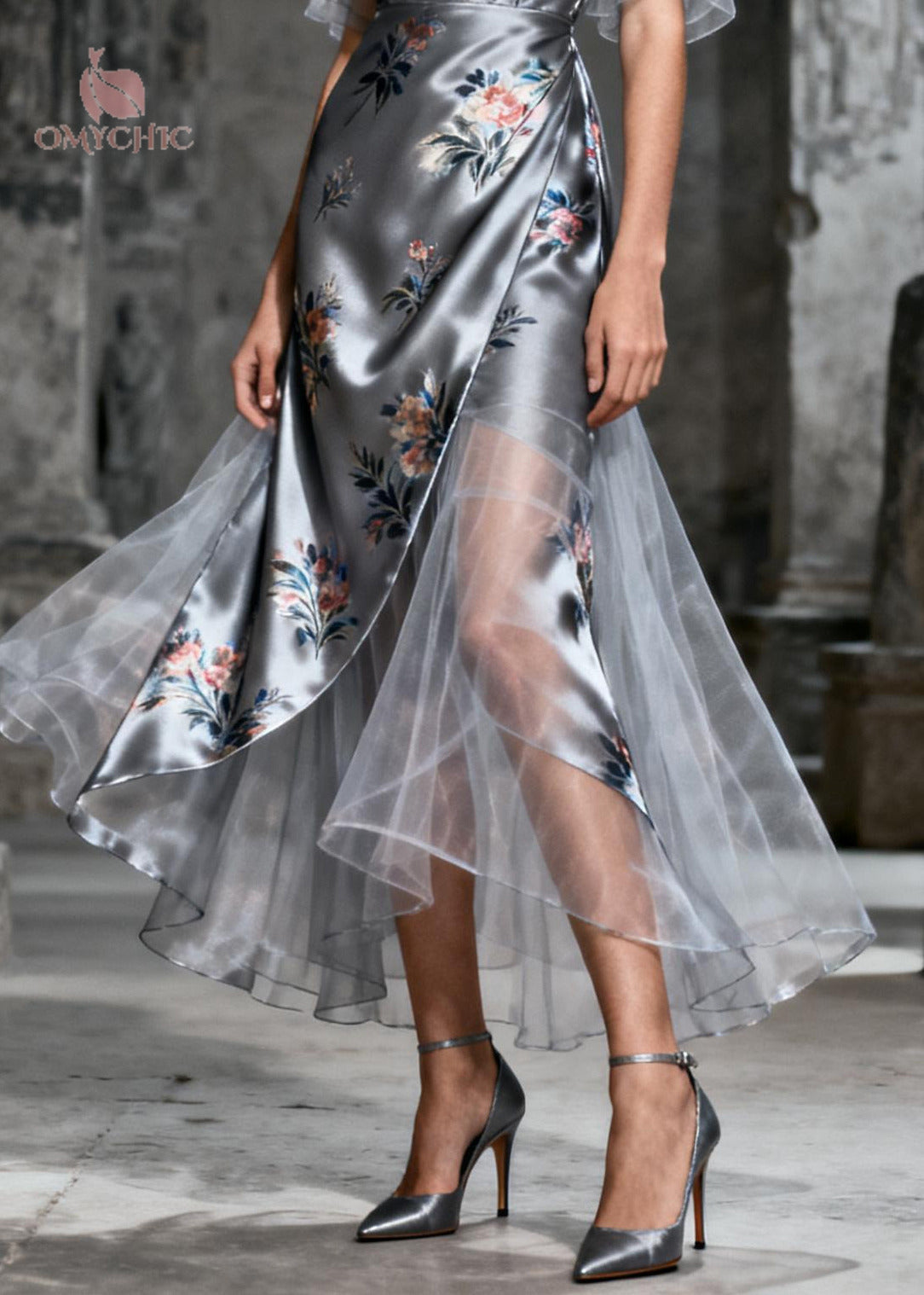 Floral Print V-Neck Flutter Sleeve Mesh Layered Midi Dress - View 4