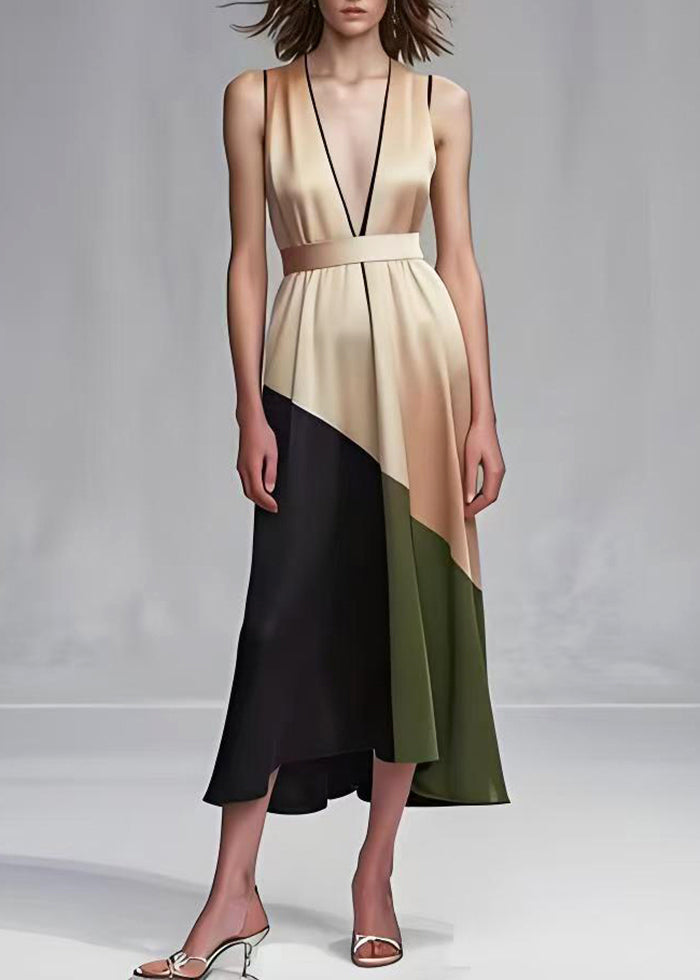 Satin Deep V-Neck Sleeveless Geometric Patchwork Belted Midi Dress