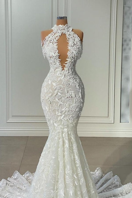 Beautiful Long Mermaid Sleeveless Wedding Gown Adorned with Delicate Lace - Fashionpara
