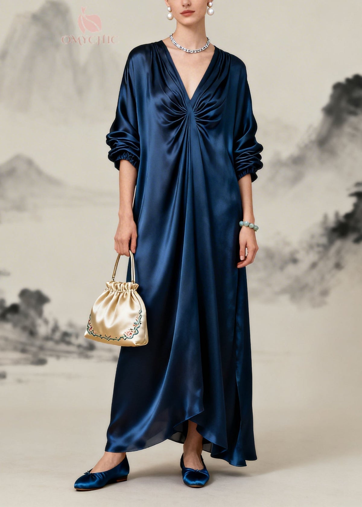 Satin Deep V-Neck Ruched Knot Long Sleeve Lantern Sleeve Maxi Gown