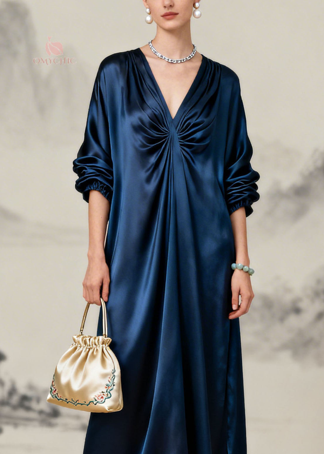Satin Deep V-Neck Ruched Knot Long Sleeve Lantern Sleeve Maxi Gown - View 2