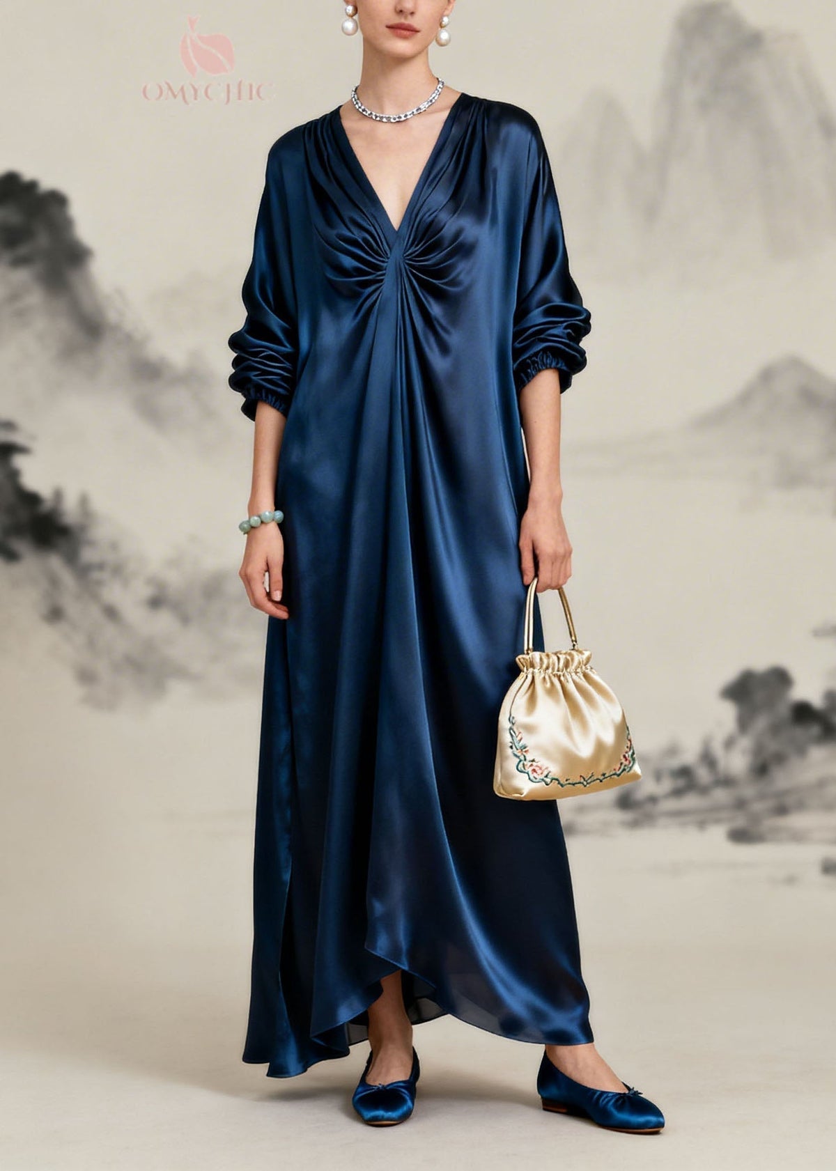 Satin Deep V-Neck Ruched Knot Long Sleeve Lantern Sleeve Maxi Gown - View 3