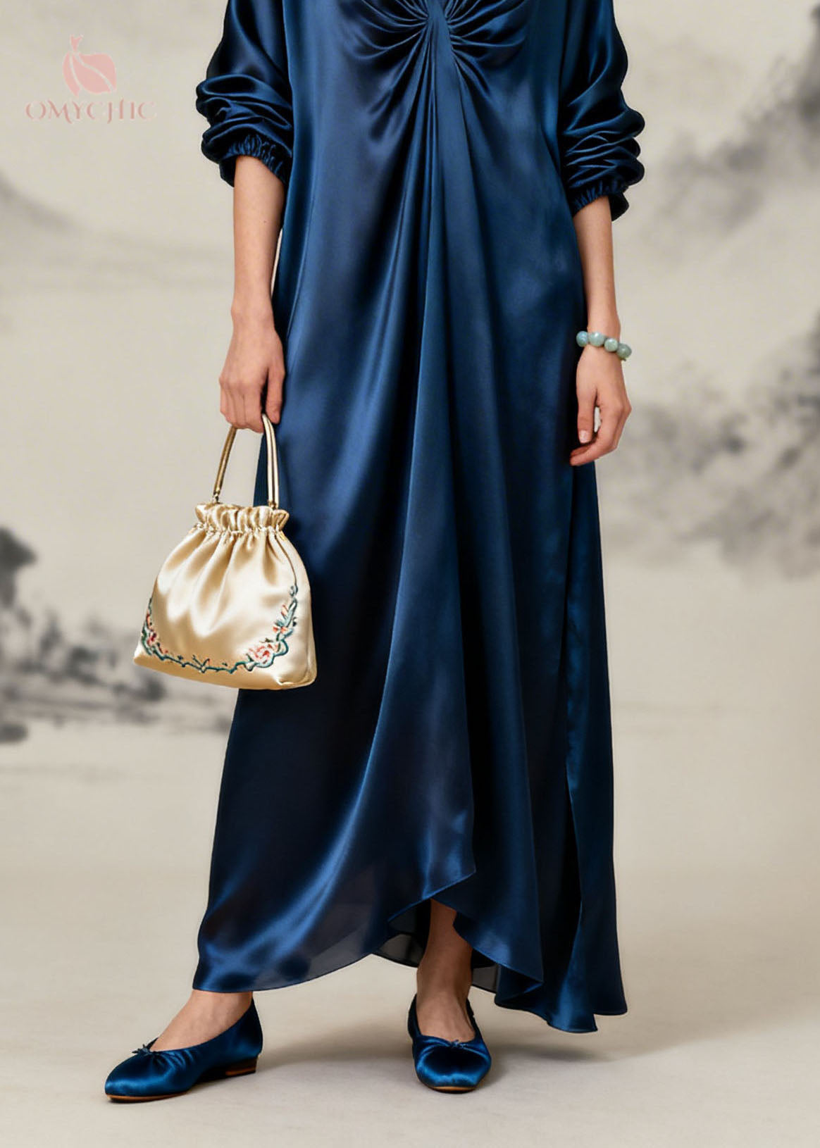 Satin Deep V-Neck Ruched Knot Long Sleeve Lantern Sleeve Maxi Gown - View 4