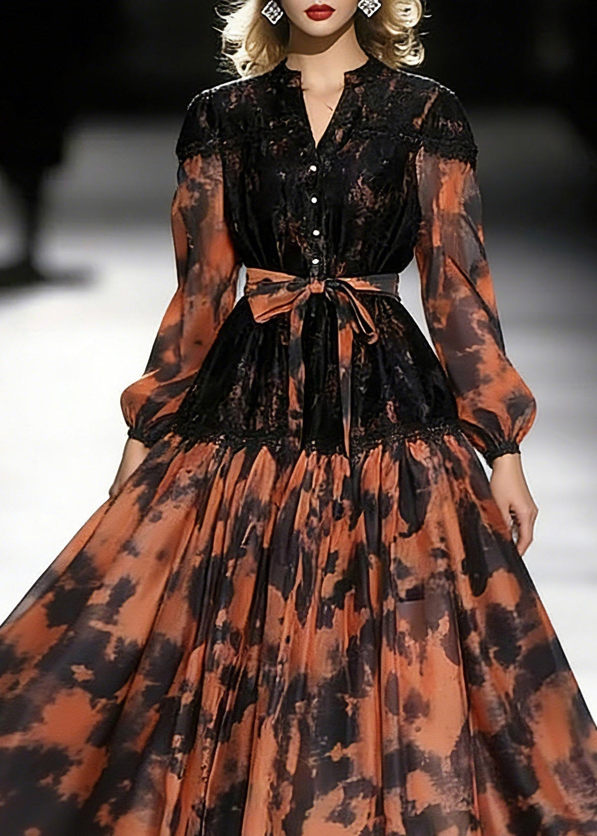 Abstract Print Lace Patchwork Mandarin Collar Midi Dress - View 2