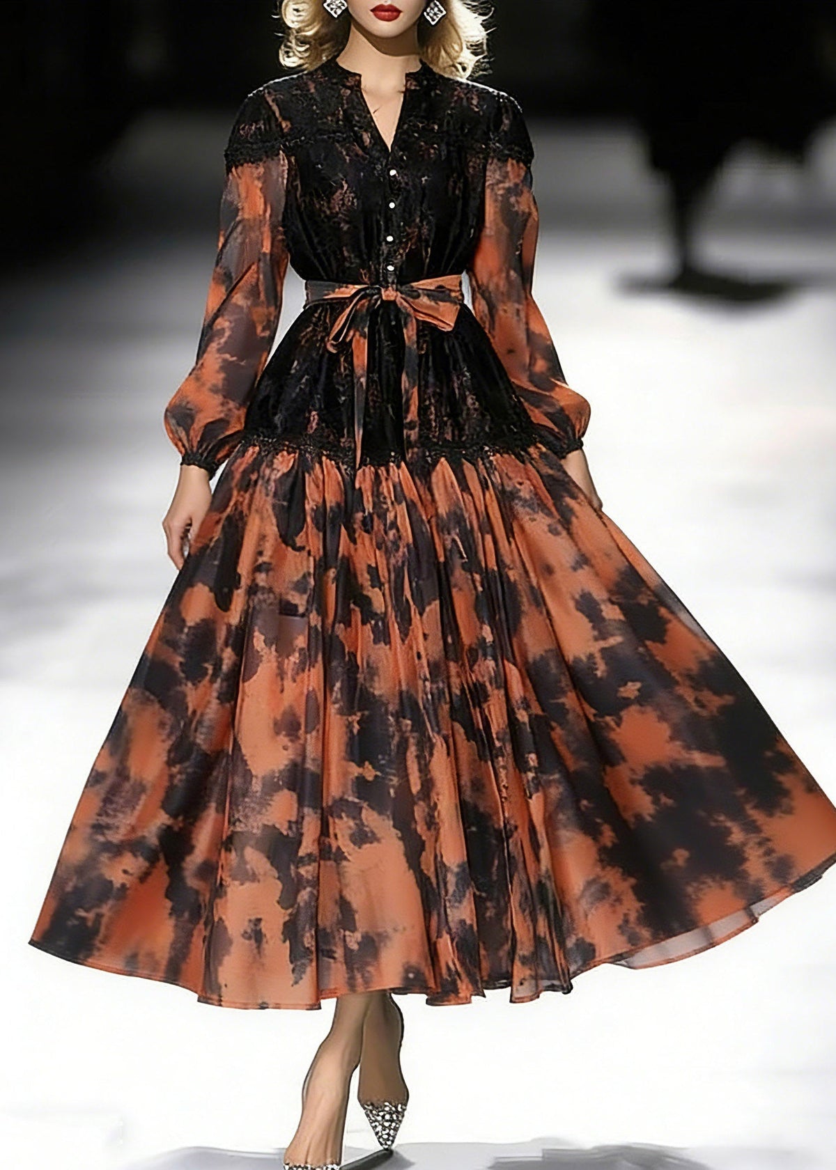 Abstract Print Lace Patchwork Mandarin Collar Midi Dress - View 3