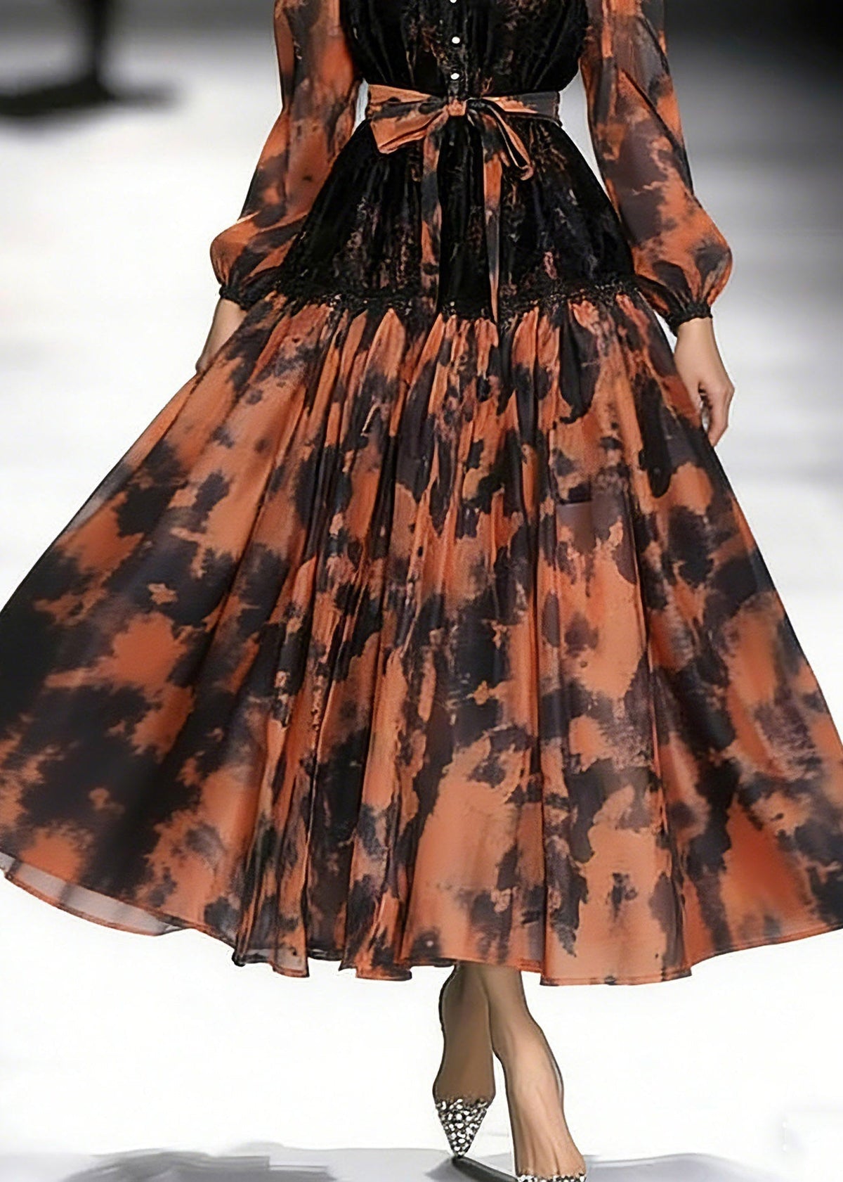 Abstract Print Lace Patchwork Mandarin Collar Midi Dress - View 4