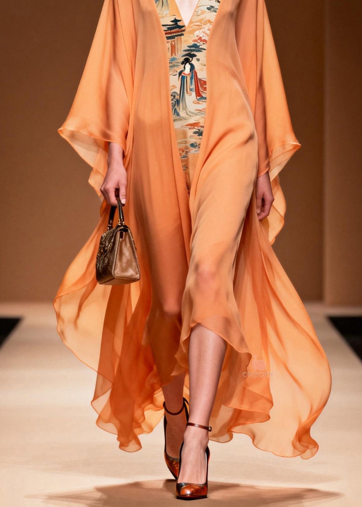 Oriental Tapestry Panel Deep V-Neck Sleeve Sheer Maxi Gown - View 4