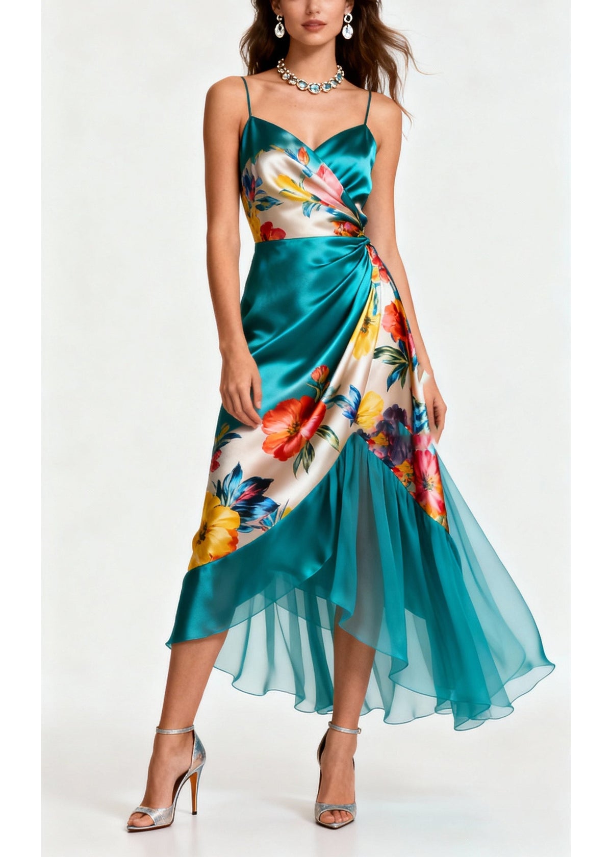 Floral Print Spaghetti Strap Wrap V-Neck Ruched Tulle Midi Dress
