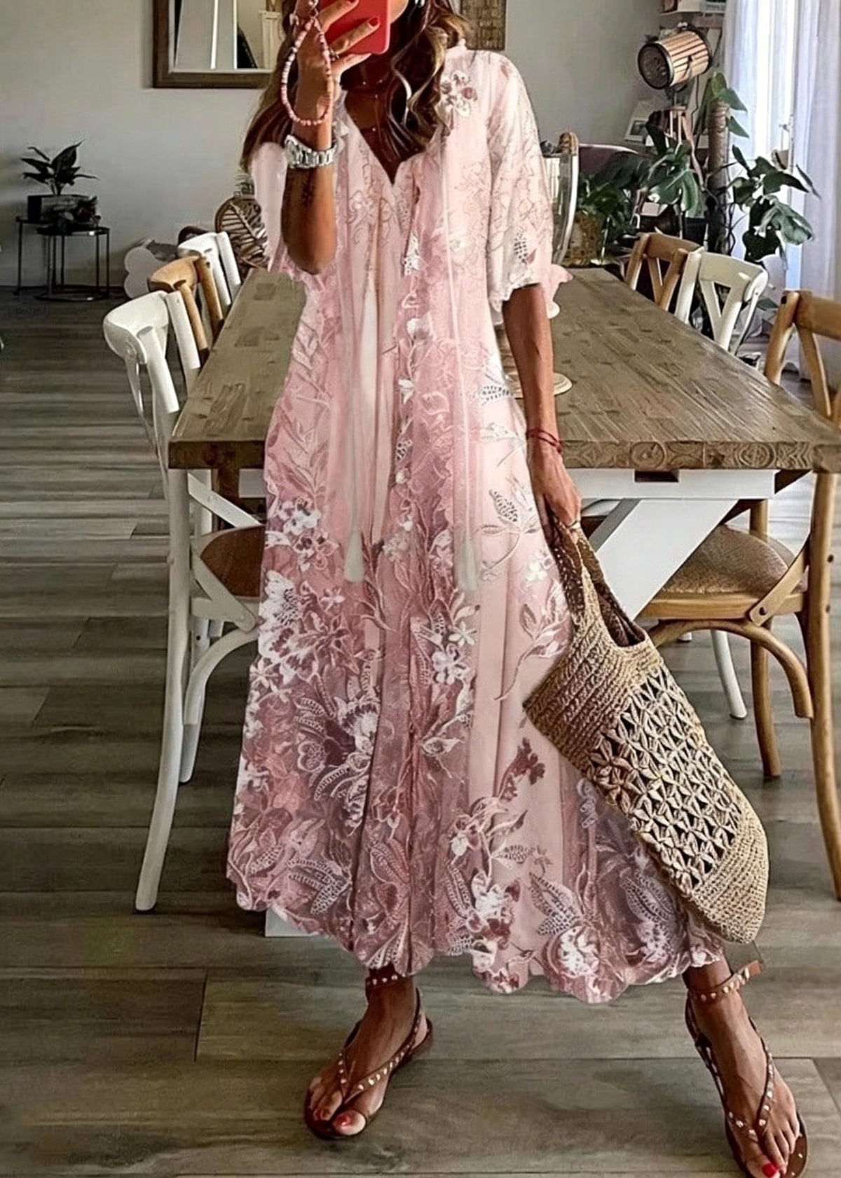 Beautiful Pink V Neck Print Chiffon Maxi Dresses Summer - View 3