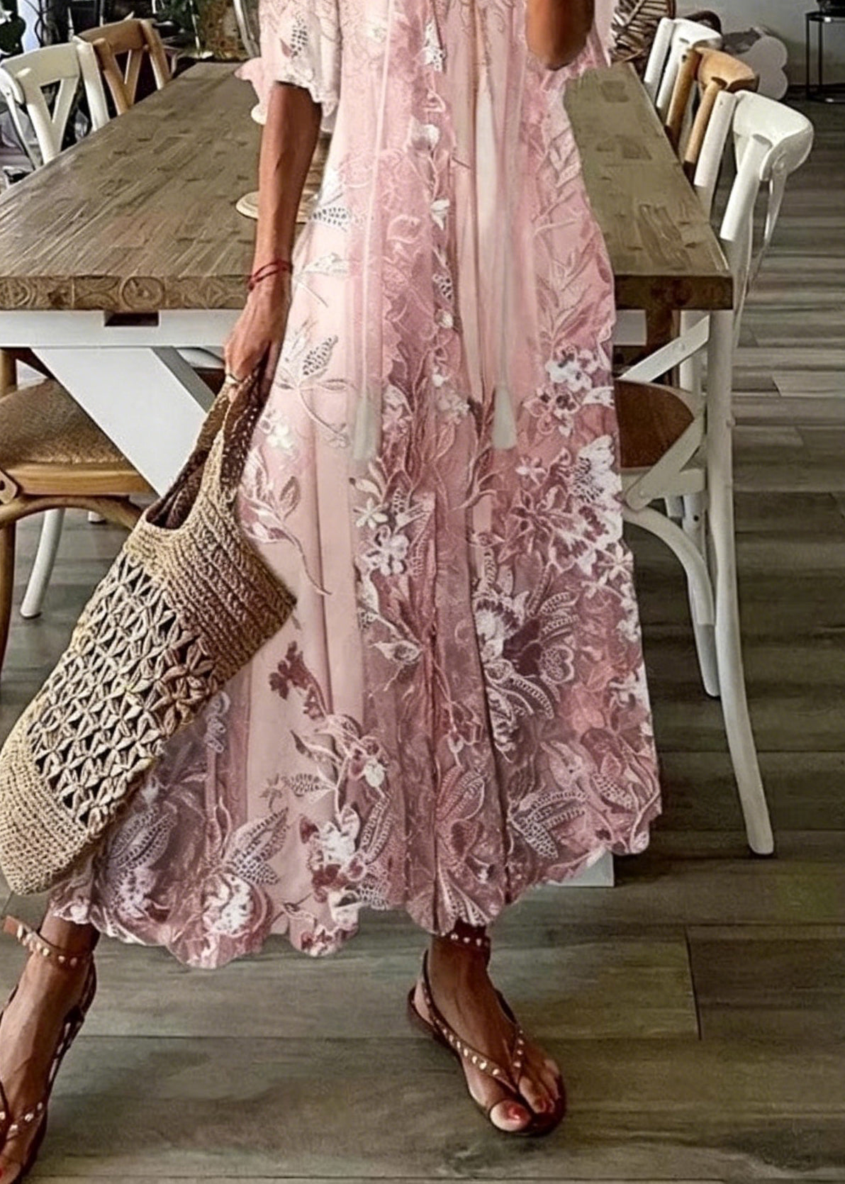 Beautiful Pink V Neck Print Chiffon Maxi Dresses Summer - View 4
