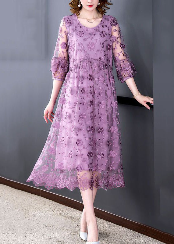 Floral Embroidered Mesh Three Quarter Puff Sleeve Midi Dress