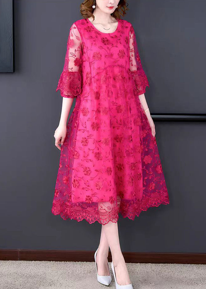 Floral Embroidered Mesh Three Quarter Puff Sleeve Midi Dress - View 2