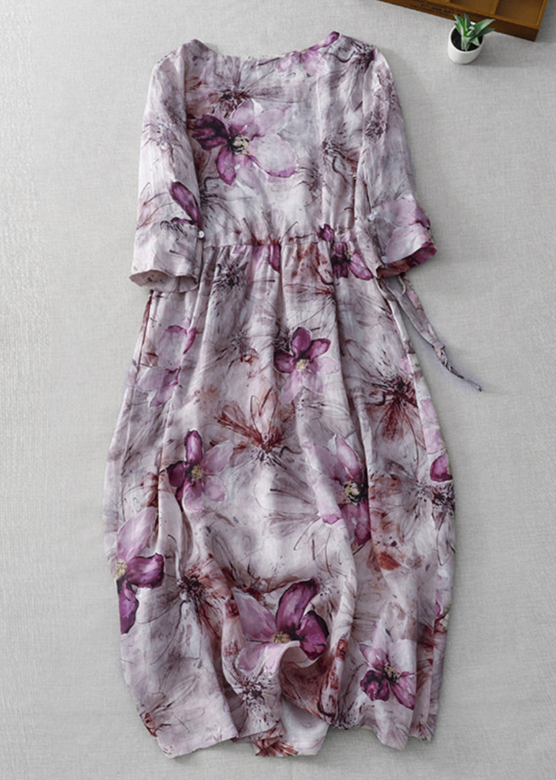Floral Print Round Neck Bracelet Sleeve Tie A-Line Midi Dress