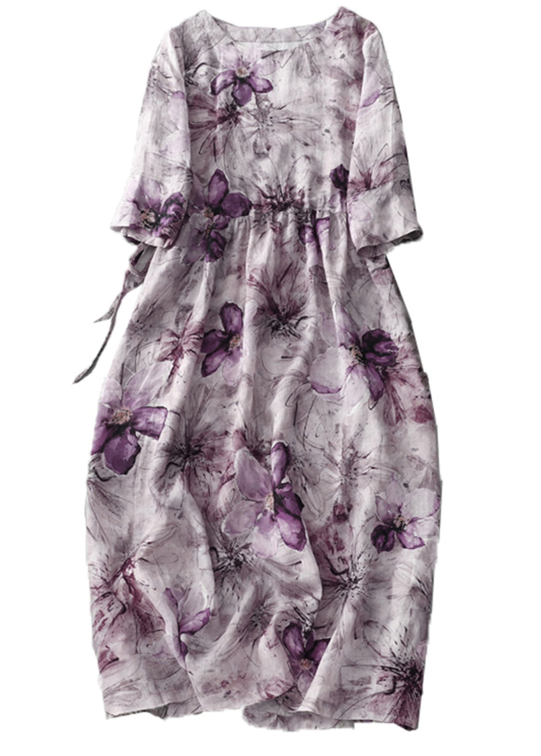 Floral Print Round Neck Bracelet Sleeve Tie A-Line Midi Dress - View 5