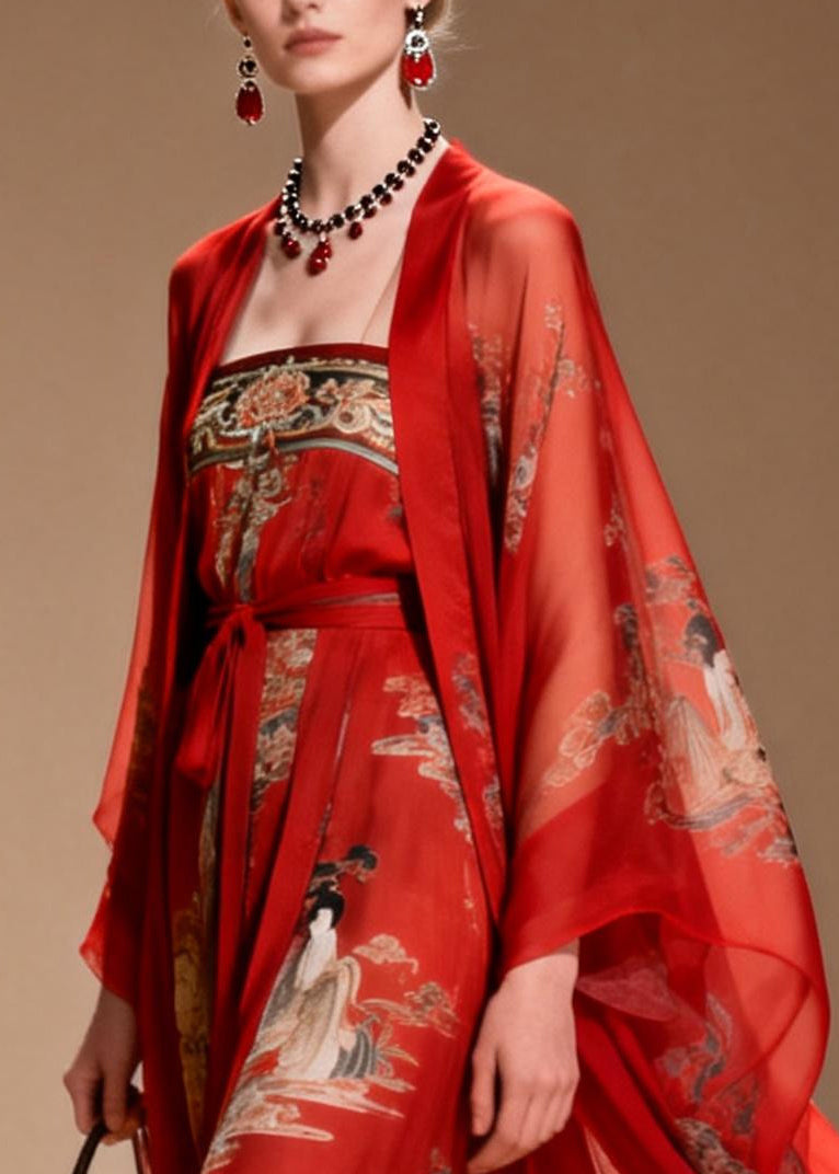 Chiffon Illustrative Print Sleeve Belted Two Piece Maxi Set - View 2