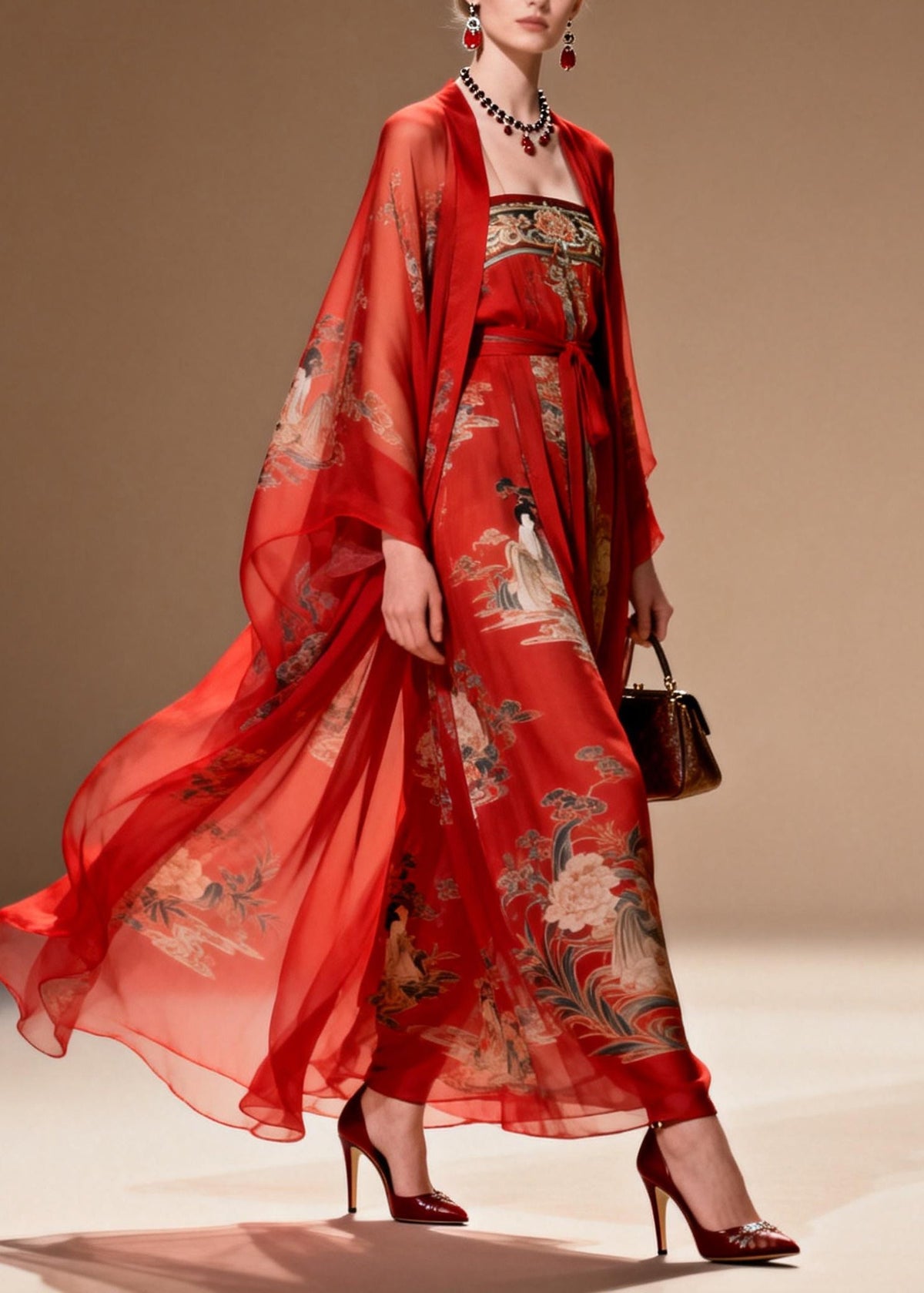 Chiffon Illustrative Print Sleeve Belted Two Piece Maxi Set - View 3