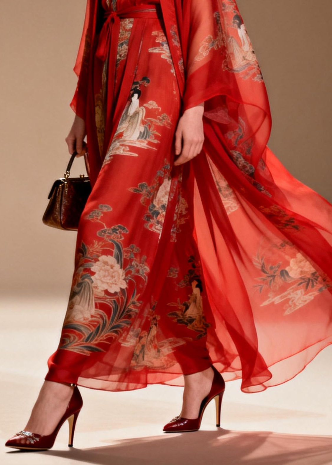 Chiffon Illustrative Print Sleeve Belted Two Piece Maxi Set - View 4