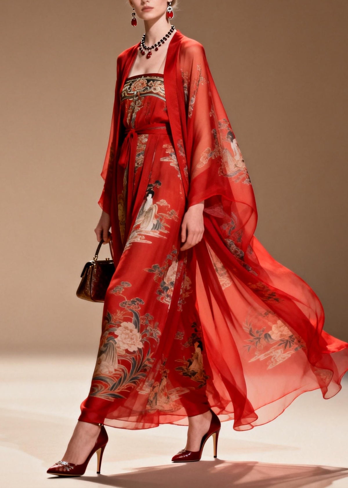 Chiffon Illustrative Print Sleeve Belted Two Piece Maxi Set - View 5