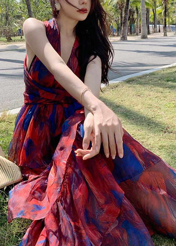 Beautiful Red V Neck Print Chiffon Tunic Maxi Dresses Summer - View 4
