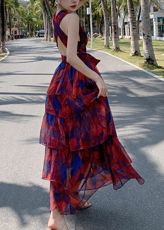 Beautiful Red V Neck Print Chiffon Tunic Maxi Dresses Summer - View 5