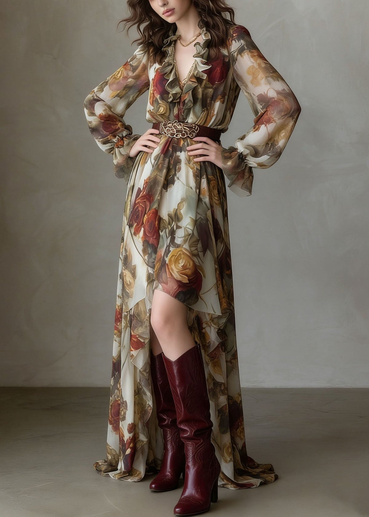 Beautiful V Neck Asymmetrical Ruffled Print Chiffon Dress - View 2