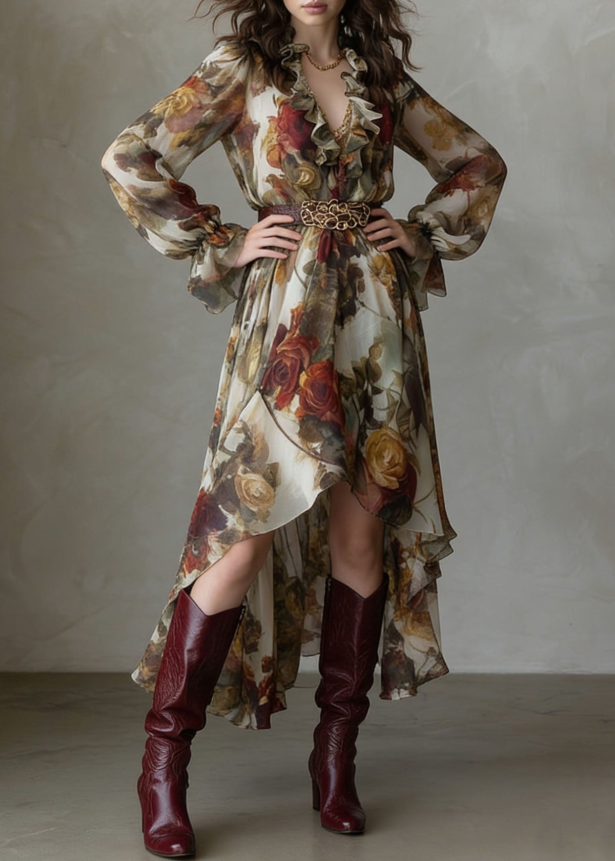 Beautiful V Neck Asymmetrical Ruffled Print Chiffon Dress - View 3