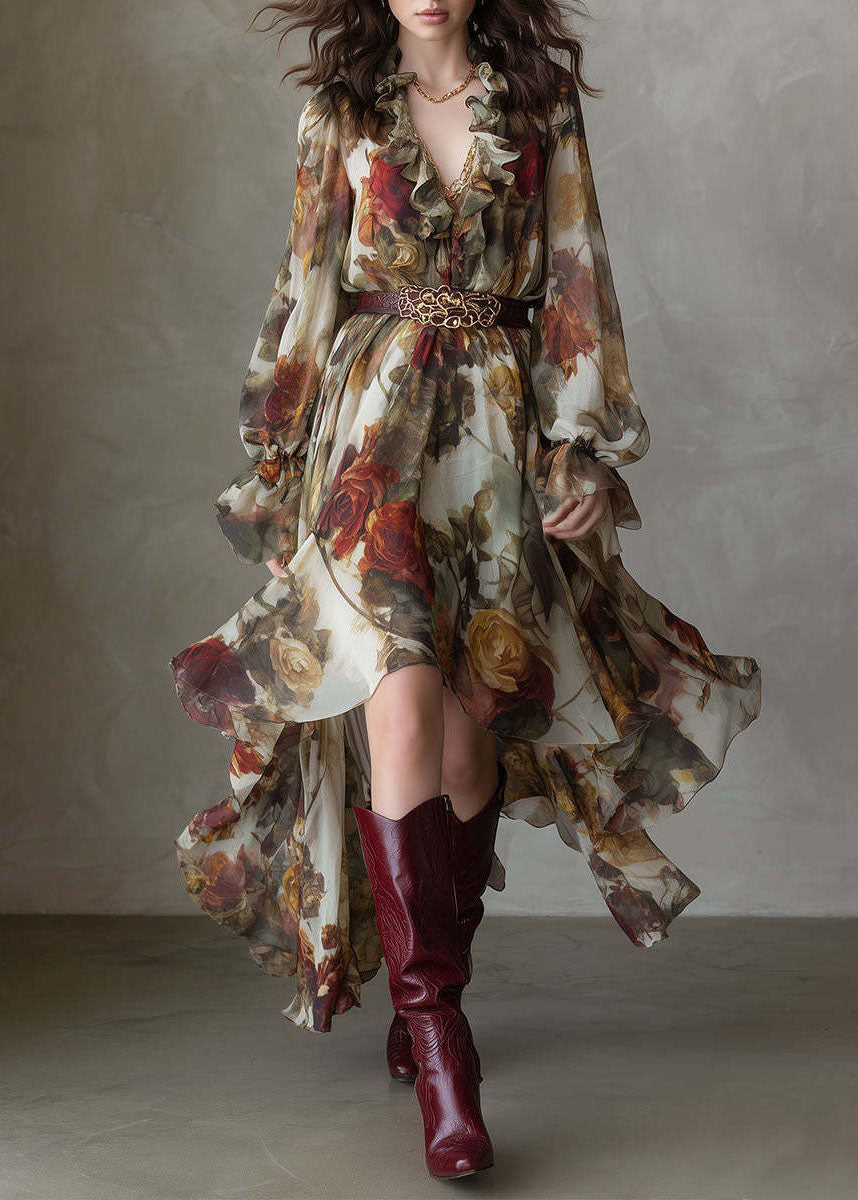 Beautiful V Neck Asymmetrical Ruffled Print Chiffon Dress - View 5