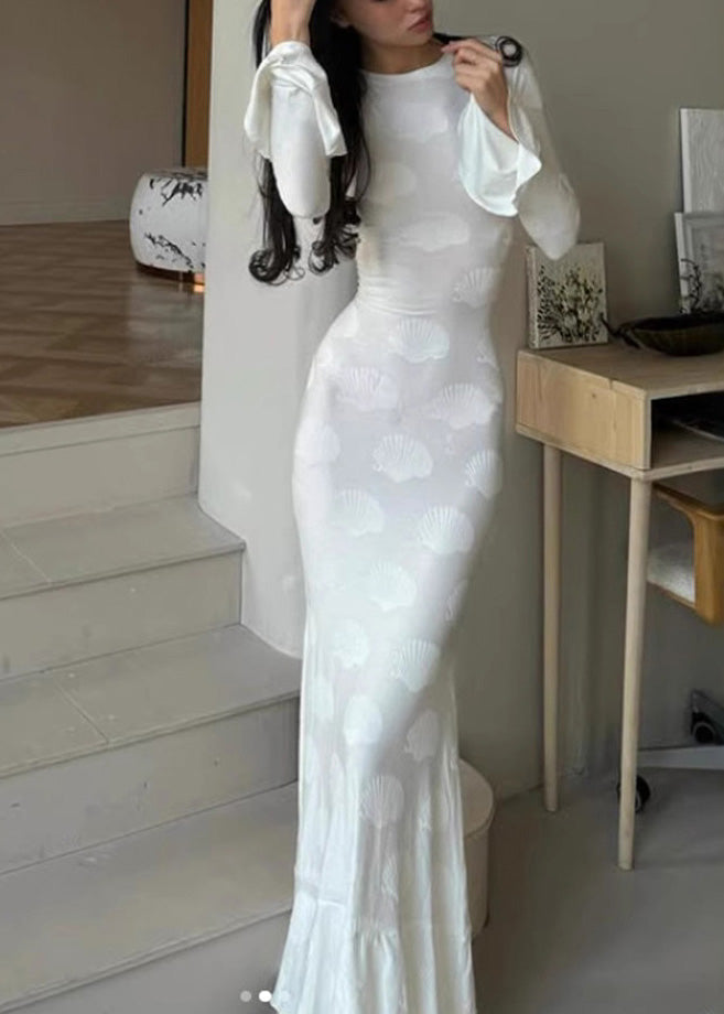 Beautiful White O Neck Backless Lace Up Silk Dress Flare Sleeve - View 2