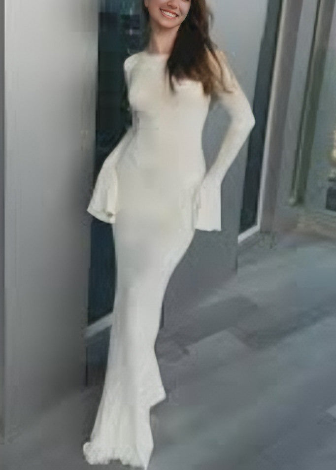 Beautiful White O Neck Backless Lace Up Silk Dress Flare Sleeve - View 4