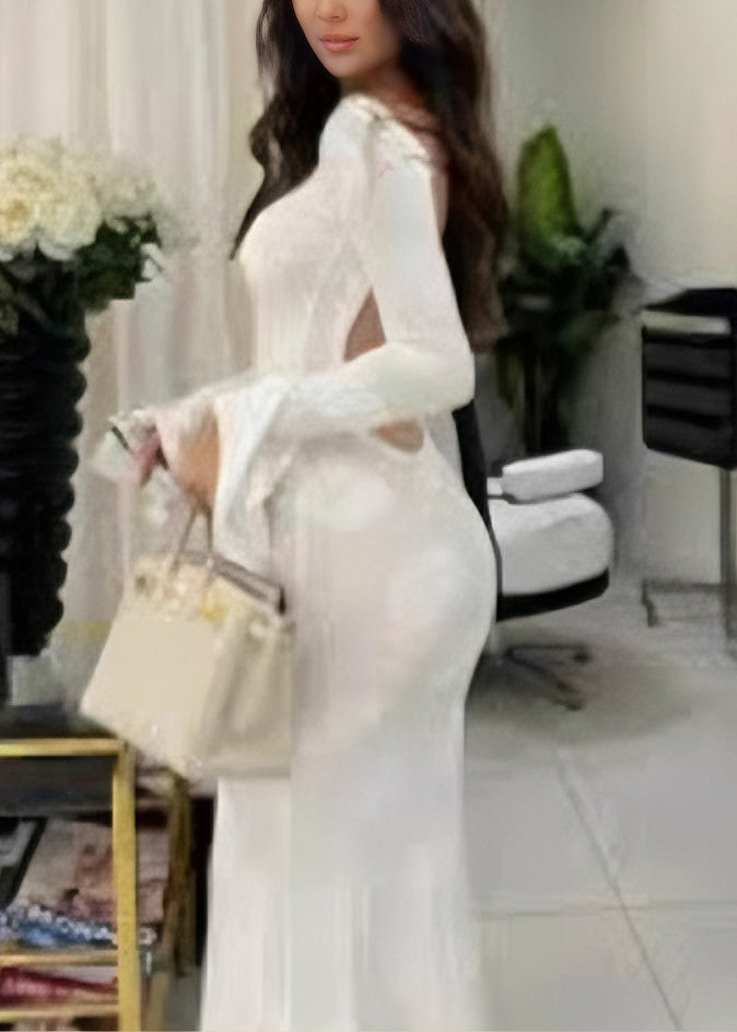 Beautiful White O Neck Backless Lace Up Silk Dress Flare Sleeve - View 5