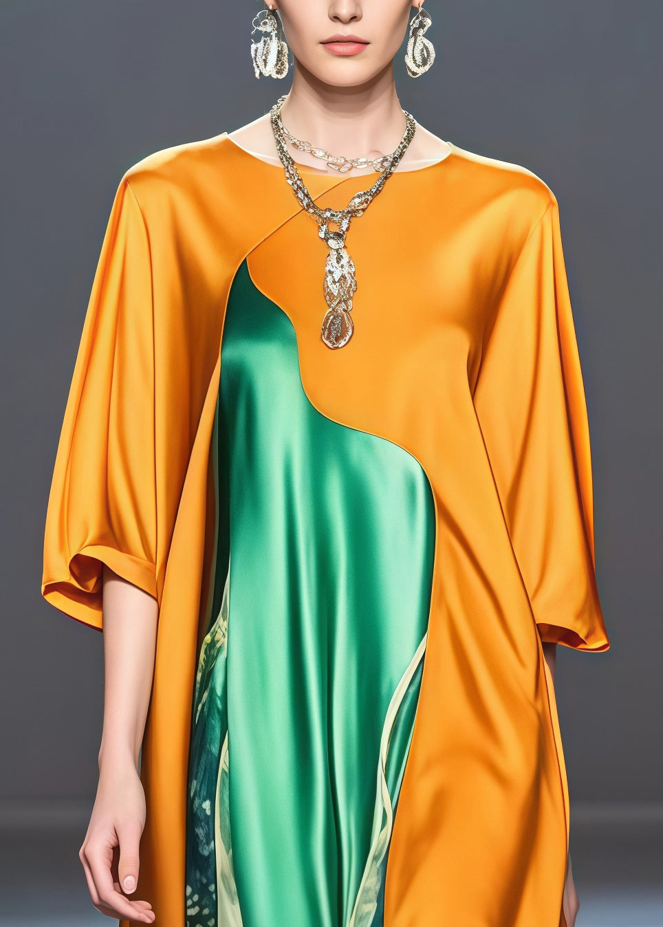 Round Neck Batwing Sleeve Floral Patchwork Satin Maxi Dress - View 2
