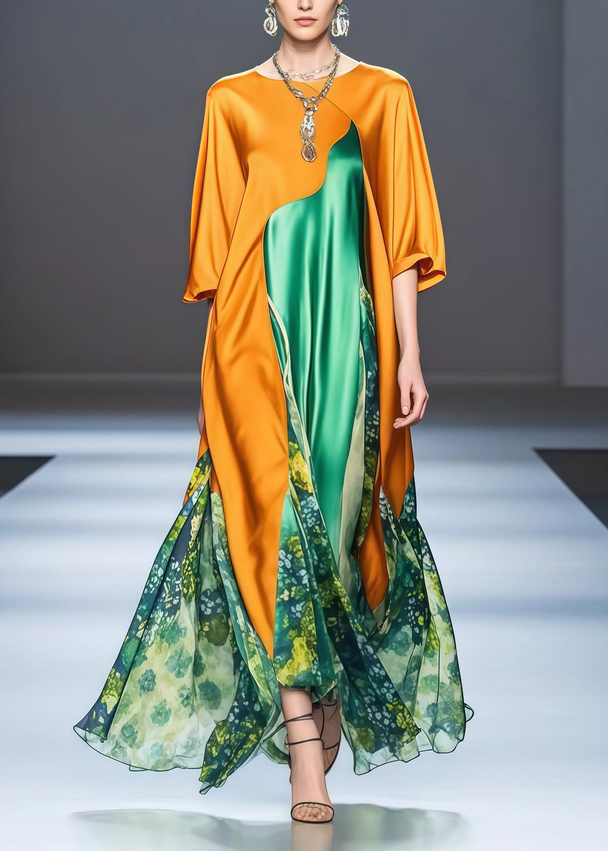 Round Neck Batwing Sleeve Floral Patchwork Satin Maxi Dress - View 3