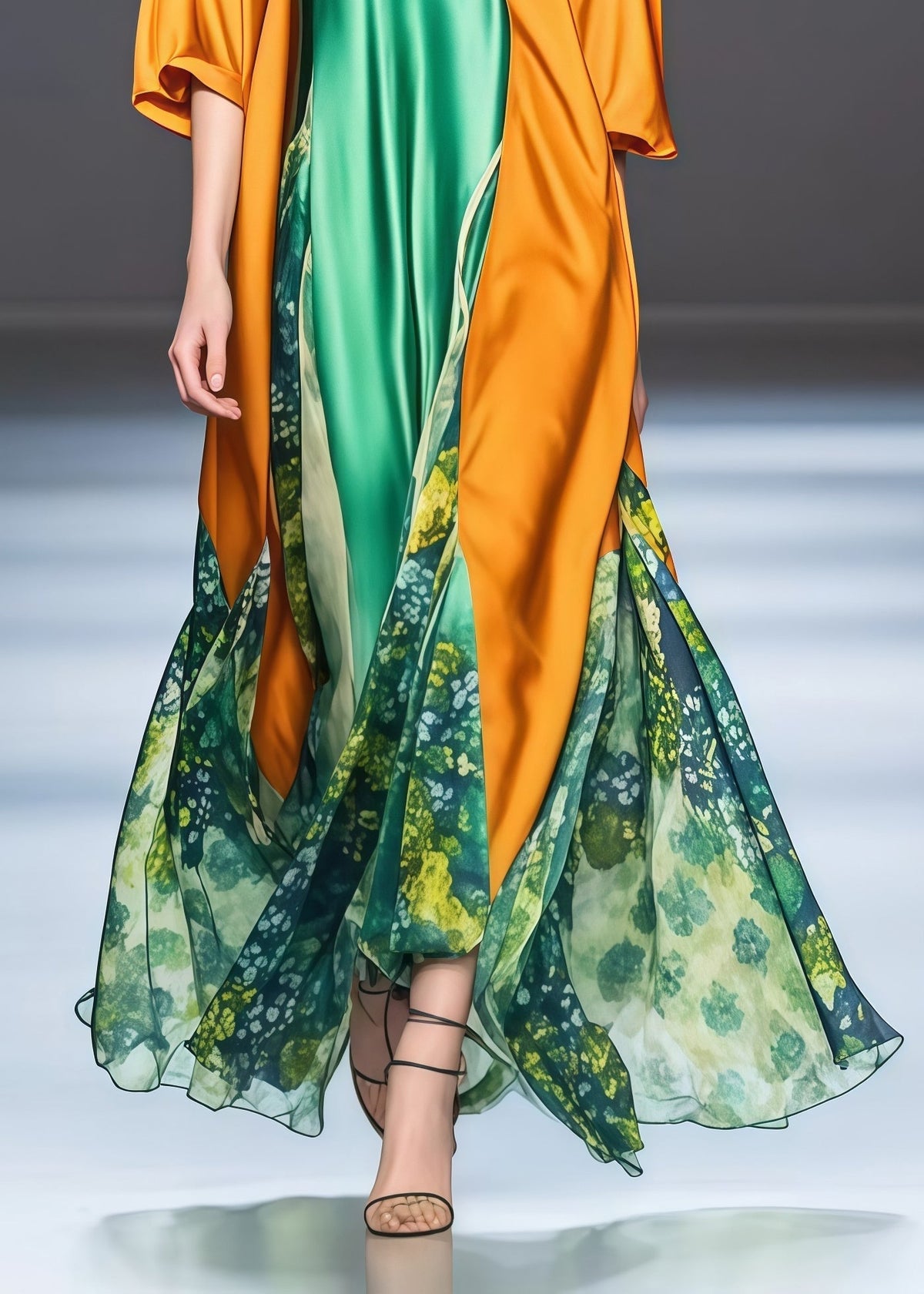 Round Neck Batwing Sleeve Floral Patchwork Satin Maxi Dress - View 4
